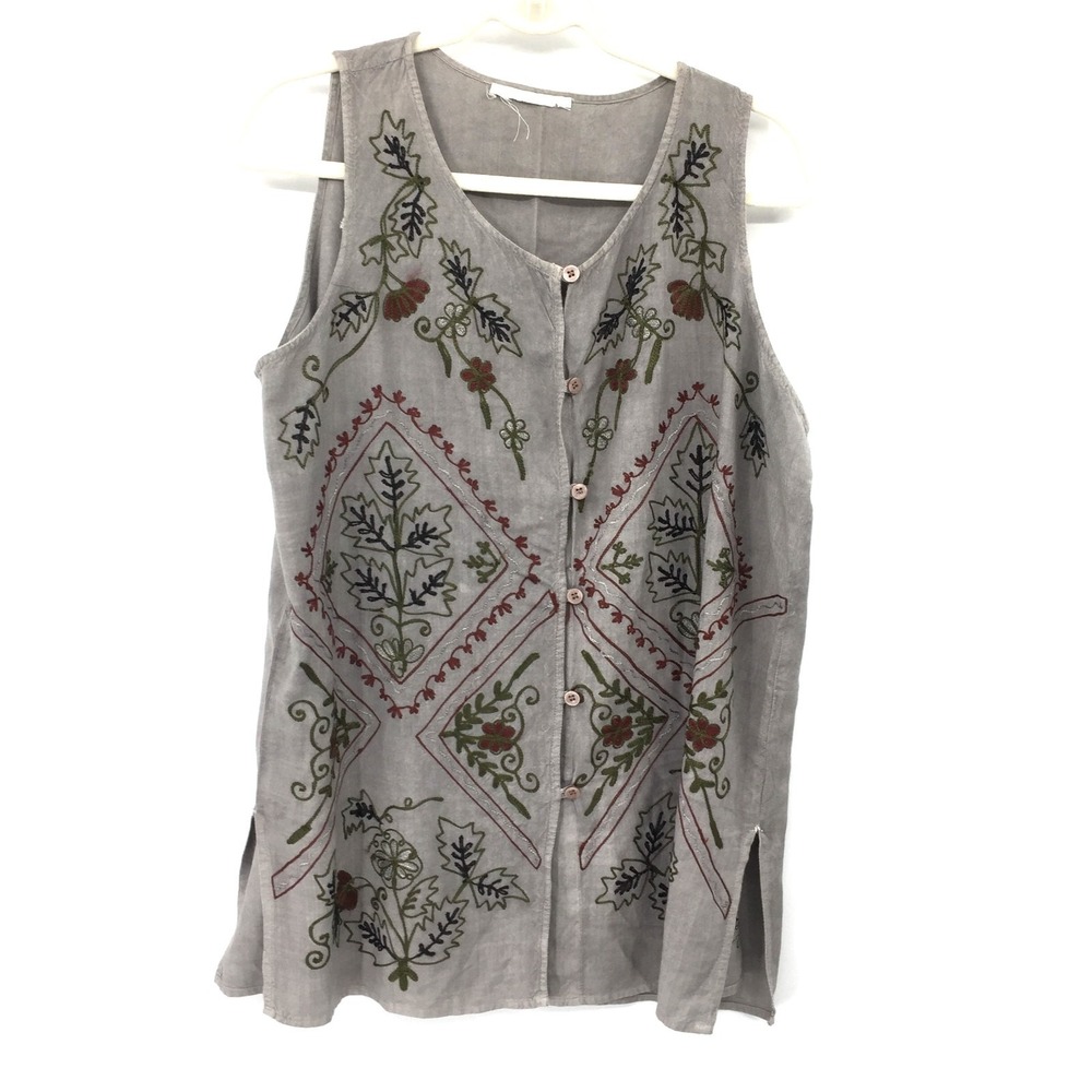 Gray embroidered button up sleeveless top mori kei forest girl boho hippy L